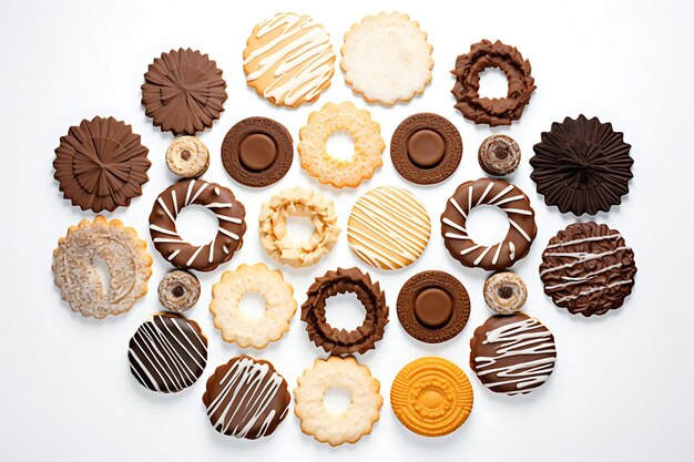 Top view chocolate cookies sugar sweets on white background