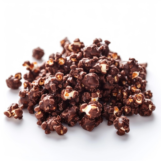 top view of chocolate popcorn on white background