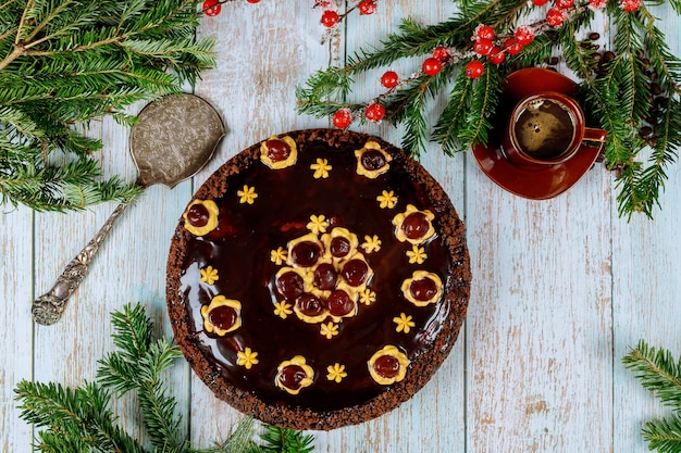 Top view chocolate rum cake with coffee