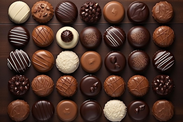 Top view chocolates assortment on wooden table