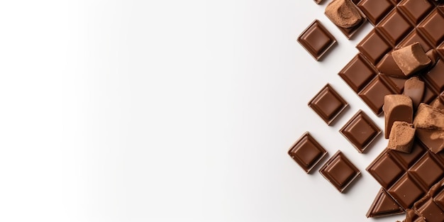 top view a chocolates bars in the corner side on white background copy space