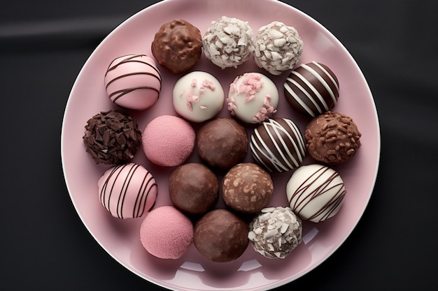 Top view chocolates in cocoa on a plate