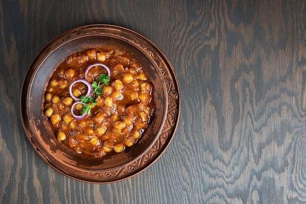 Top view of chole masala or chana indian food made of cooked chickpeas