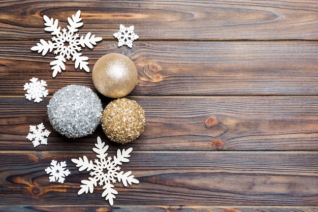 Top view of Christmas balls and creative decoration