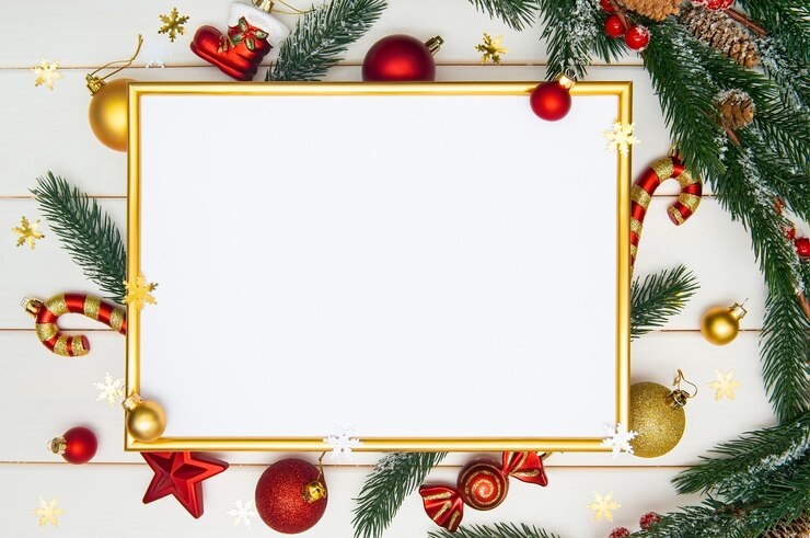 Photo top view christmas composition mockup decorated of festive elements