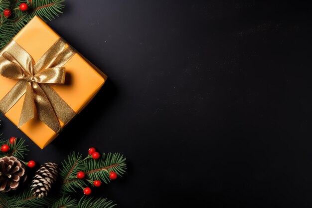 Верхний вид рождественской декорации подарочной коробки и темного фона баннера