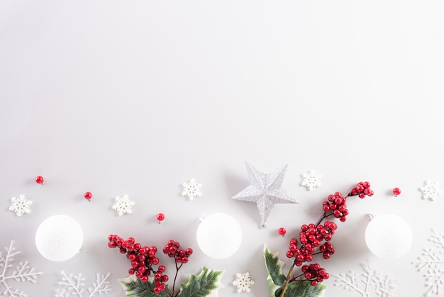 Photo top view of christmas decoration  on white background.