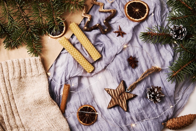 Top view christmas decorations on table