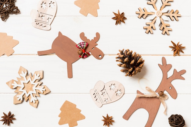 Top view christmas decorations on table