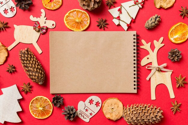 Top view christmas decorations on table