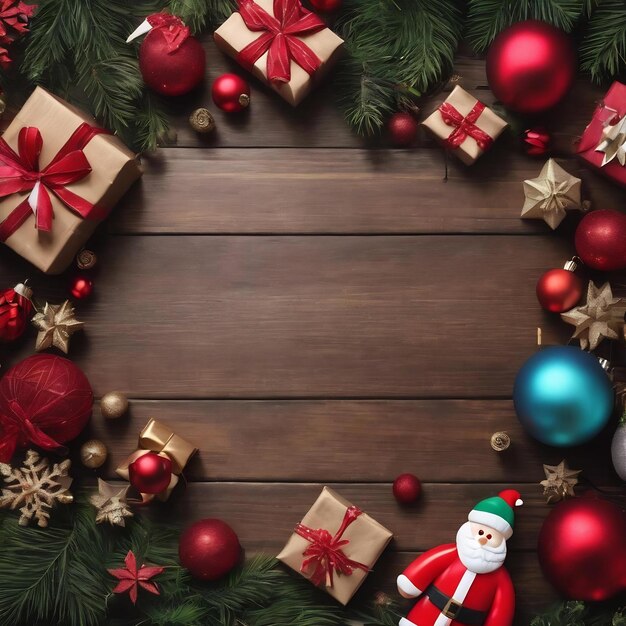 Top view of christmas decorations and toys on wooden background copy space empty place for your desi