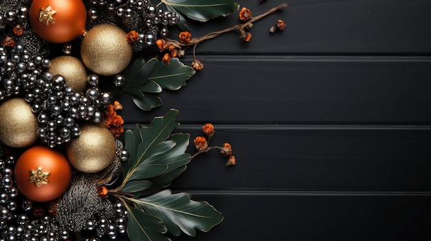 Верхний вид рождественских украшений с украшениями лампочек и растениями
