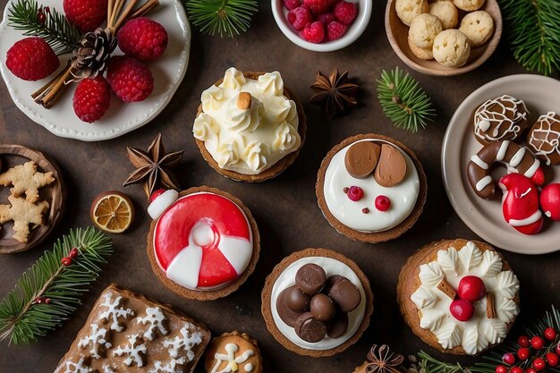 Foto vista superiore della selezione di dessert di natale