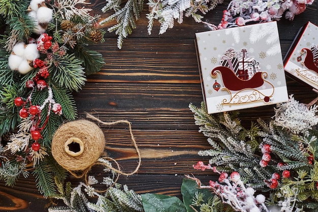 Top view of christmas festive frame with new year decorations.