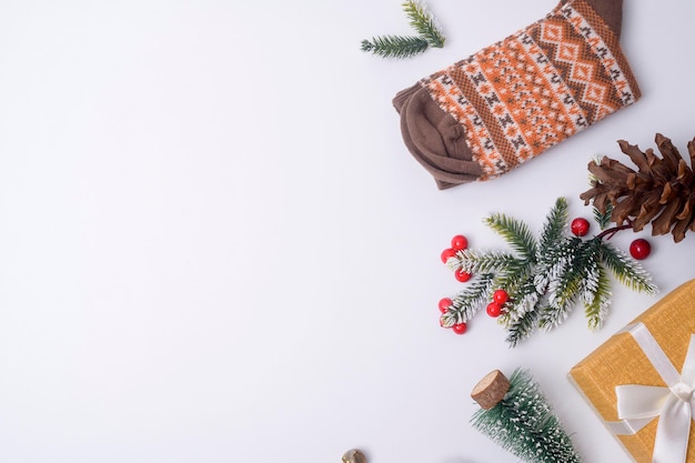 Top view Christmas flat lay decorations on white background