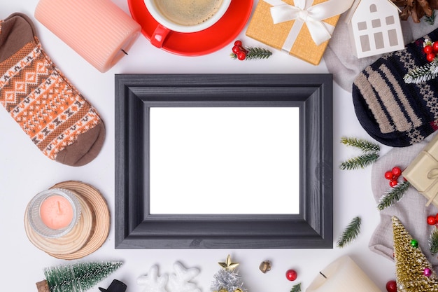 Top view Christmas flat lay decorations on white background