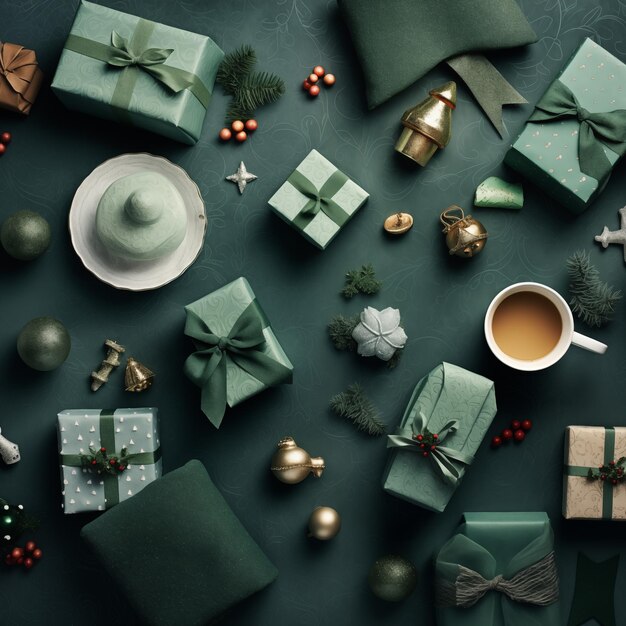 Photo top view of christmas gifts chritsmas ornaments on a green festive backdrop