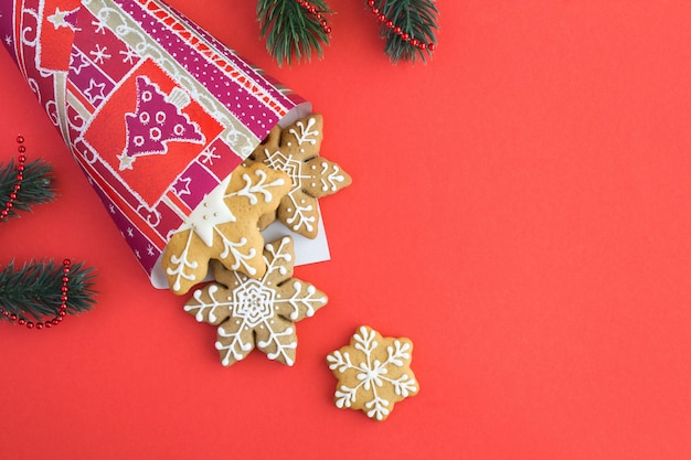 Top view of Christmas gingerbreads in the paper gift bag