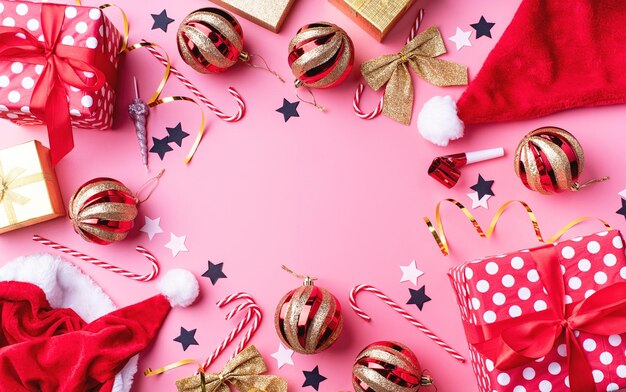 Photo top view of christmas and new year decorations with confetti gift boxes and sants hats on pink backgriund flat lay