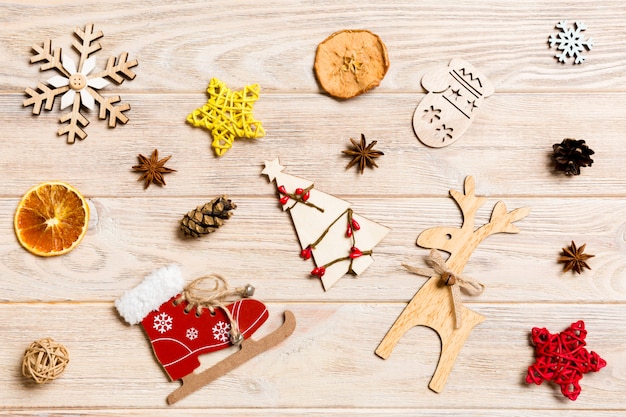 Top view of Christmas toys on wooden. 