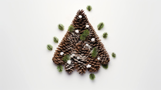 A top view of a Christmas tree made of pine cones on a snowy white surface AI generated illustration