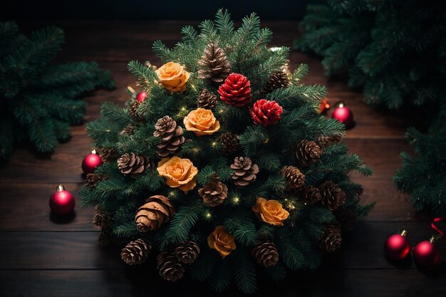 Top view christmas tree with cones on a dark space