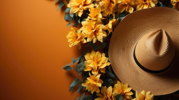 Photo top view of cinco de mayo background with hat and flower ornaments for banner or poster