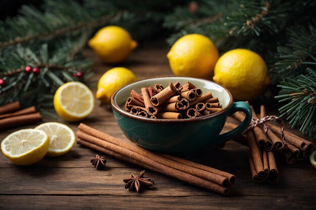 Top view cinnamon sticks cinnamon sticks lemon and cone next to the cup of tea and christmas tree branches