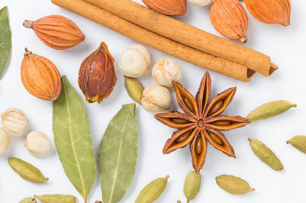 Top view of cinnamon sticks with green leaves