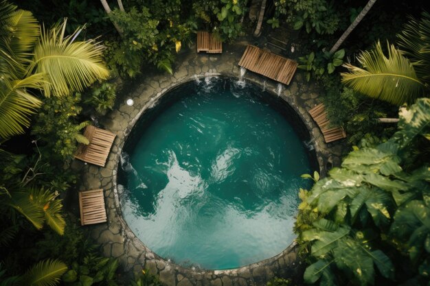 Top view of the circular pool with wooden sunbeds in the rainforest