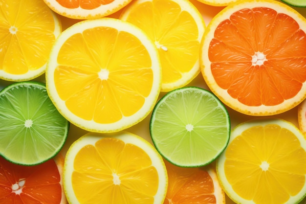 Top view of citrus fruit slices arranged on a background with two different tones