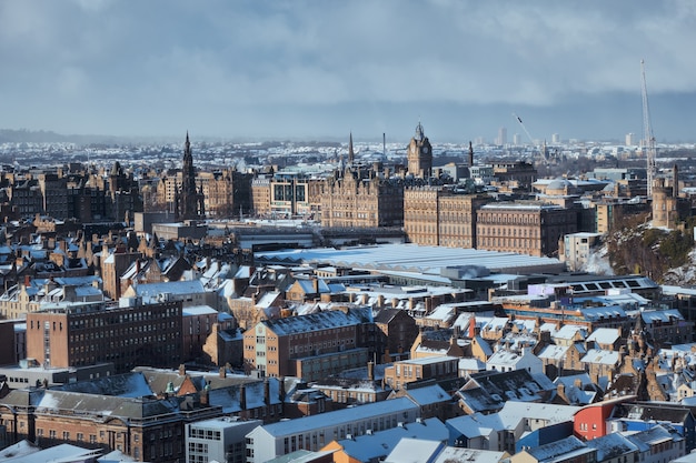 Top view of the city of Edinburgh in the winter.