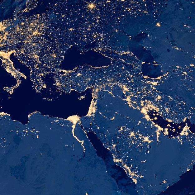 Top view of city lights on europe and middle east map Elements of this image furnished by NASA