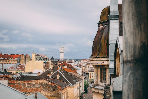 Top view of the city of Lviv Ukraine Roofs of old houses