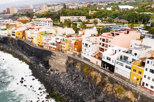 Top view of the city of Punta Brava and a married couple near the city of Puerto de la Cruz on the island of Tenerife Canary Islands Atlantic Ocean Spain