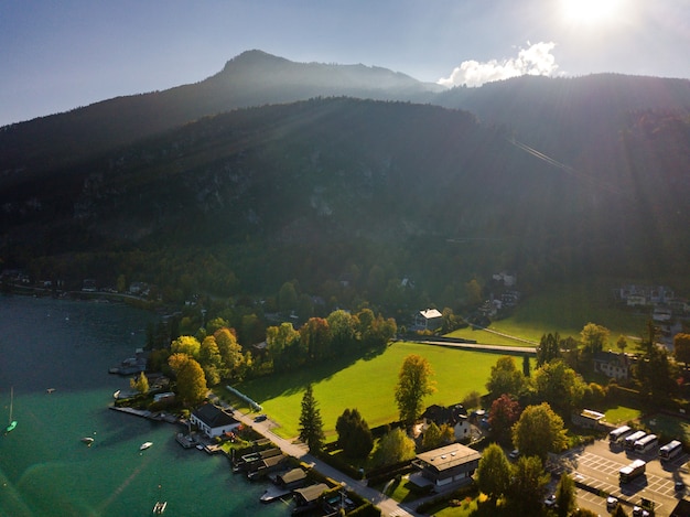 Top view of the city of Salzkammergut in the Austrian Alps