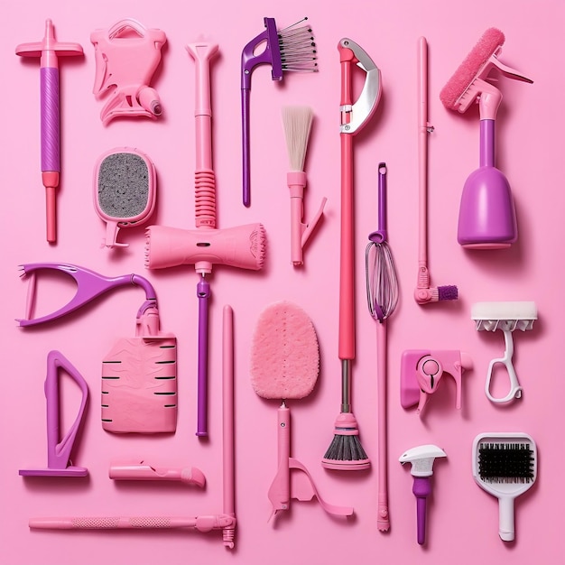 Top view of cleaning tools on a pink background AI