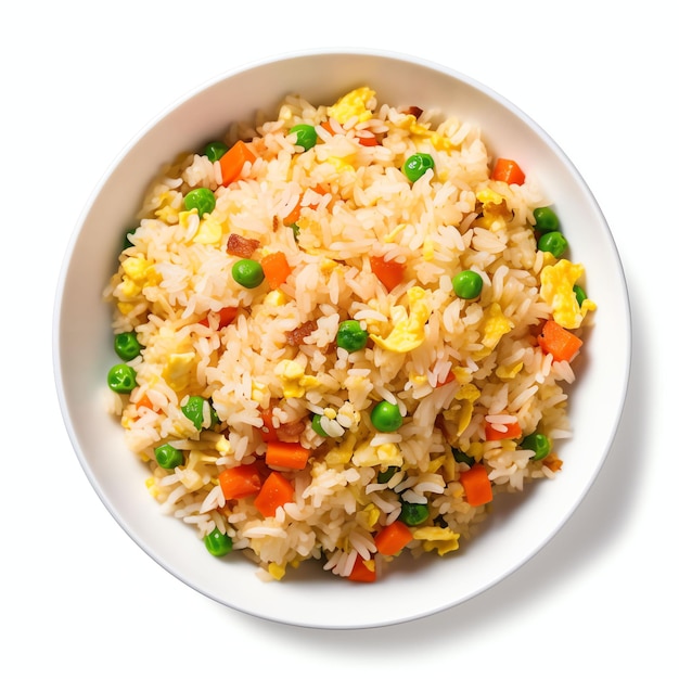 top view close up of Egg Fried Rice isolated on a white background