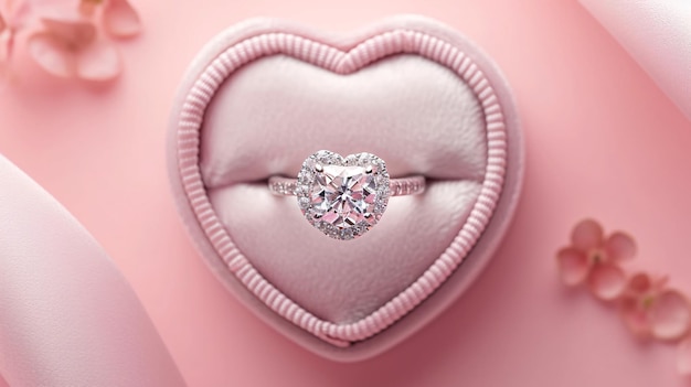 top view close up engagement diamond ring in heart shape box on pink background ai generated