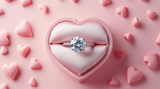 top view close up engagement diamond ring in heart shape box on pink background ai generated