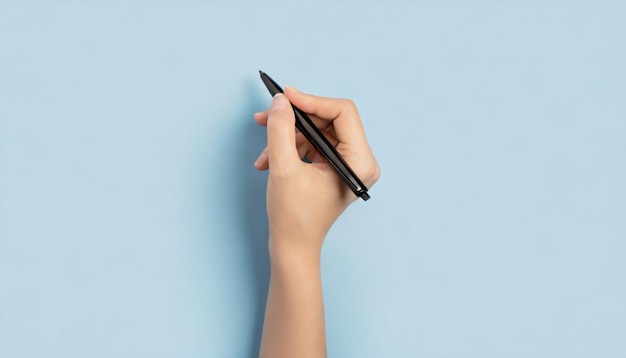 Photo top view close up first person view of girls hand holding black pen starting to write on blue