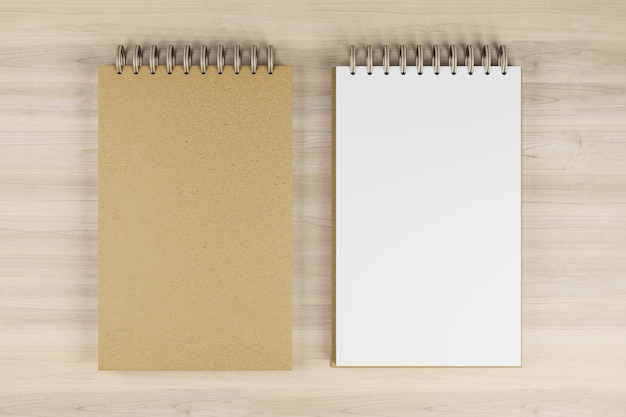Top view and close up of two white and brown spring notepads on wooden desktop background Mock up place for your advertisement Education work supplies and stationery concept 3D Rendering