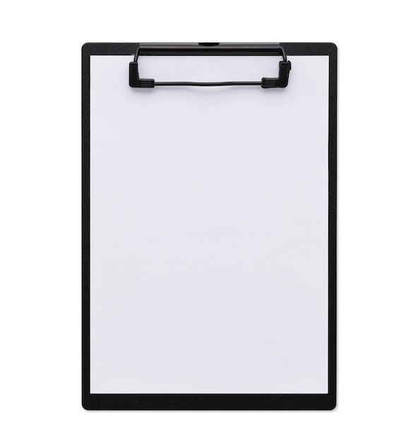 Top view closed up black clipboard isolated and white background with blank paper and clipping path