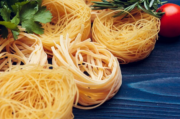 top view closeup detail of tagliatelle Italian pasta