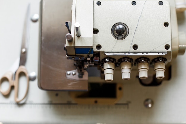 Top view closeup details on sewing machine overlock