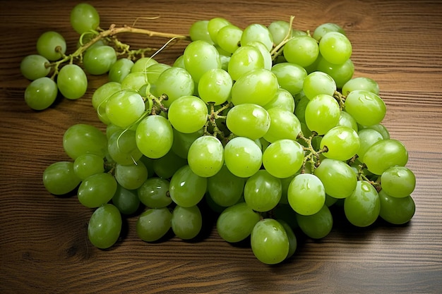 Top view closeup of green grapes on the wooden table