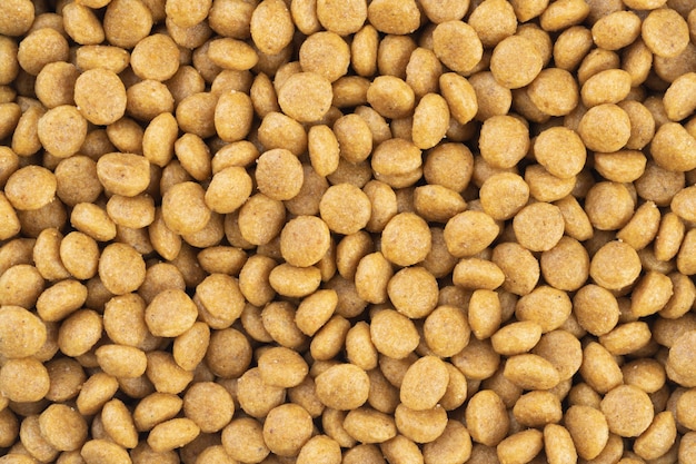 Top view, closeup of pet food pellets.