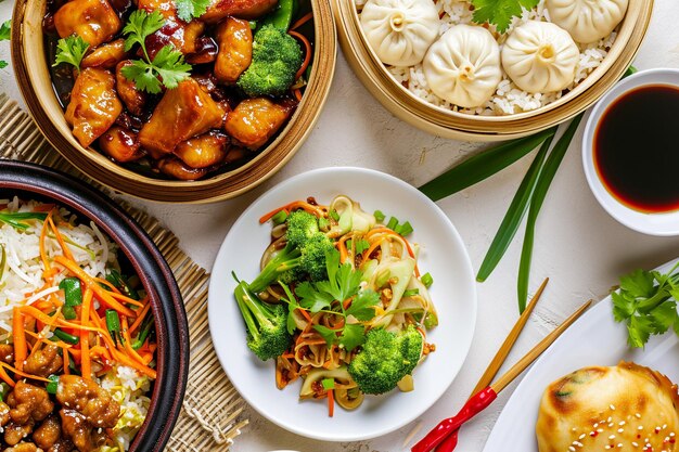 Top view closeup of the plates of chinese foods on a white table