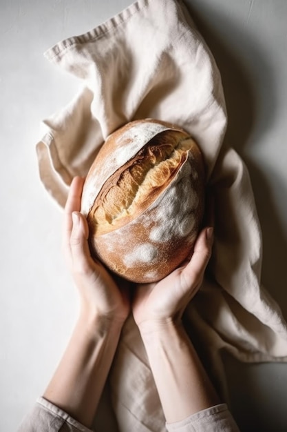 Top view of closeup woman's hand with fresh baked bread on light background white kitchen