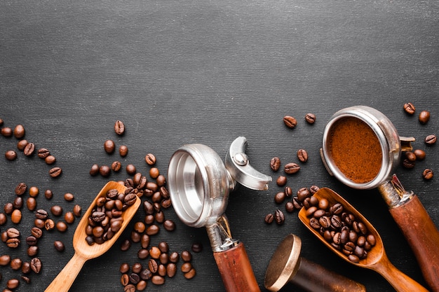 Top view coffee accessories on the table